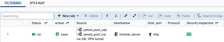 Screen showing the configuration of the filter policy on an SNS firewall in version 5