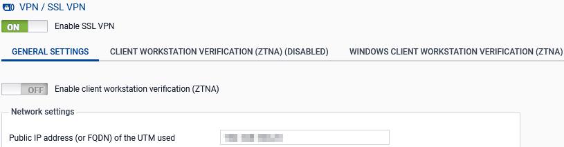 Screen showing the configuration of the SSL VPN service on an SNS firewall in version 5