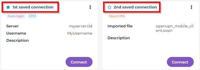 Image of the Saved connections menu, in which favorite connection icons are framed