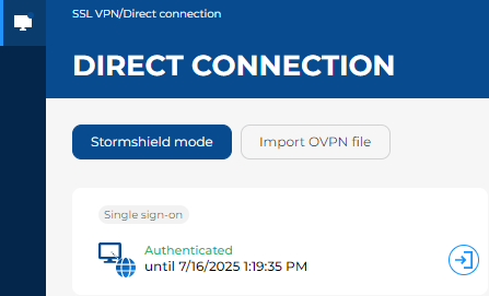 Image showing the Direct connection menu, in which the user is currently authenticated