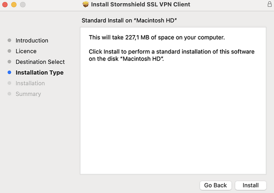 Window to install the Stormshield SSL VPN client for macOS