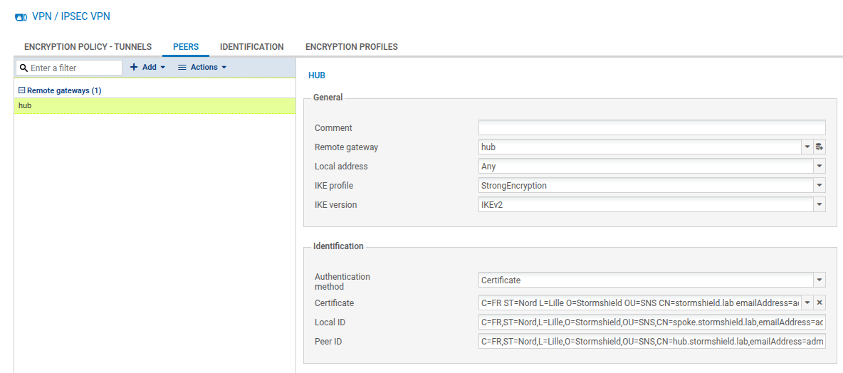 Main hub peer on the spoke and certificate authentication