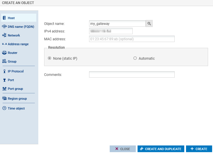 Window to create a host network object