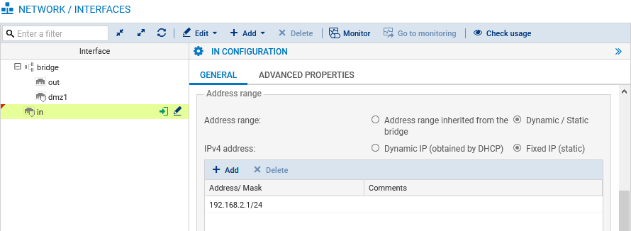 Window to modify the in interface