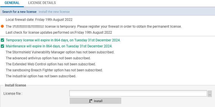 Window to install the SNS license in version 4