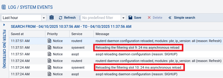 Message de rechargement d'une poilitique de filtrage avec son type et sa durée