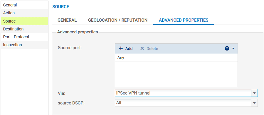 Fenêtre de configuration avancée d'une règle de filtrage pour la source du trafic