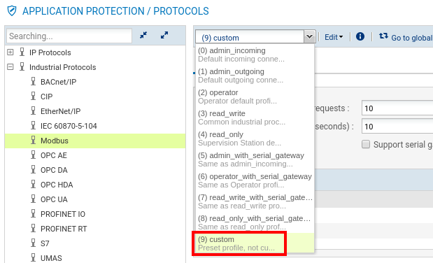 Sélection d'un profil pour le protocole Modbus