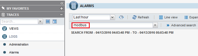 Fenêtre des logs Alarmes