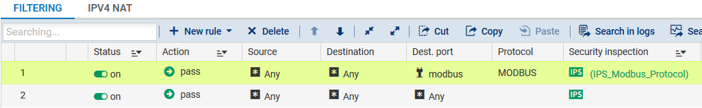 Règle de filtrage avec profil IPS_Modbus_Protocol