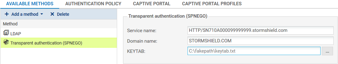 Fenêtre de configuration des méthodes d'authentification