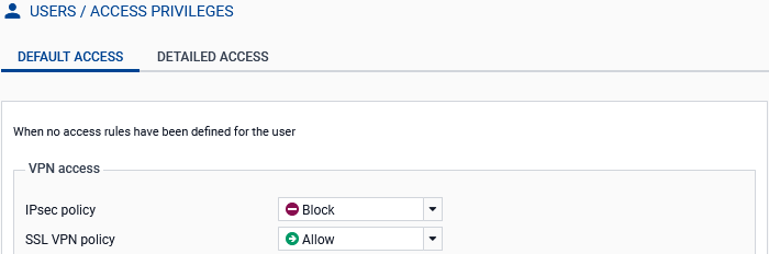 Écran de configuration des droits d'accès par défaut sur un firewall SNS en version 5