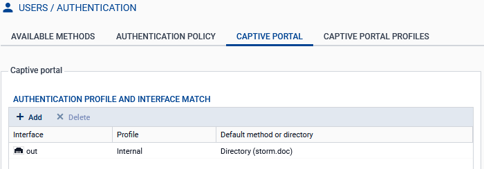 Écran montrant la fenêtre de configuration de la correspondance entre profil d'authentification et interface sur un firewall SNS en version 5
