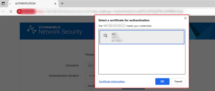 Écran montrant la fenêtre de choix du certificat à utiliser pour s'authentifier