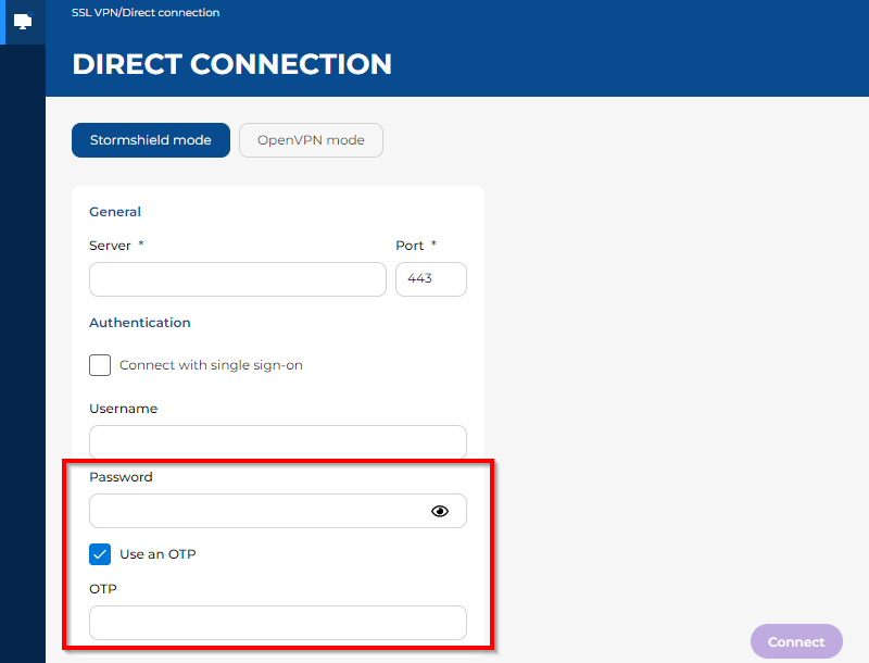 Écran montrant la fenêtre de connexion du menu Connexion directe du client VPN SSL Stormshield v5. La case Utiliser un code OTP est cochée.
