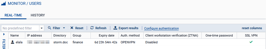 Écran de supervision des utilisateurs connectés sur un firewall SNS en version 4