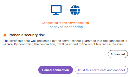 Image représentant la fenêtre "Risque probable de sécurité", qui s'affiche lorsque le certificat présenté par le serveur ne peut pas être validé automatiquement