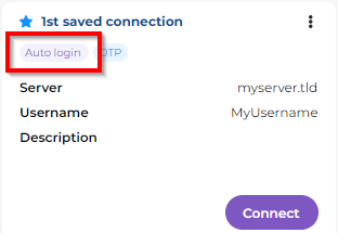 Image du menu Connexions enregistrées, où l'étiquette Connexion automatique est encadrée