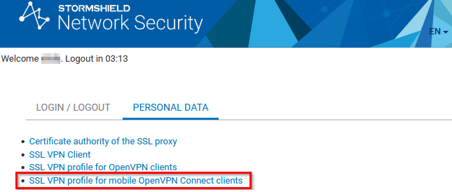 Écran du portail captif sur un firewall SNS en version 4