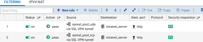 Écran de la politique de filtrage sur un firewall SNS en version 4