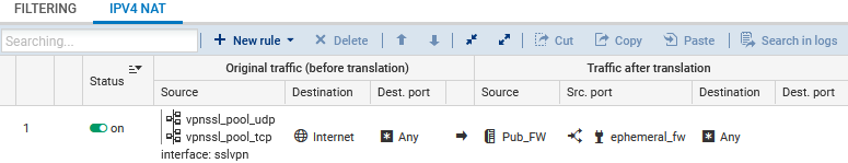 Écran de la politique de NAT sur un firewall SNS en version 4