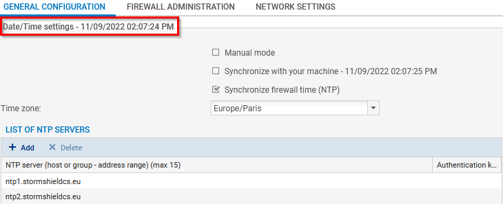 Écran de modification des paramètres de date et d'heure du firewall SNS