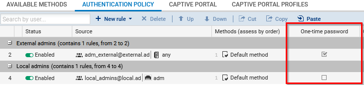 Écran de configuration de la politique d'authentification