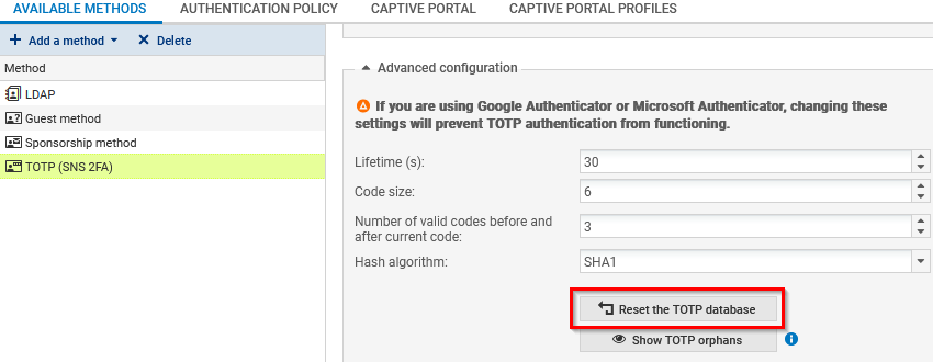 Écran permettant de réinitialiser l'enrôlement TOTP d'un utilisateur