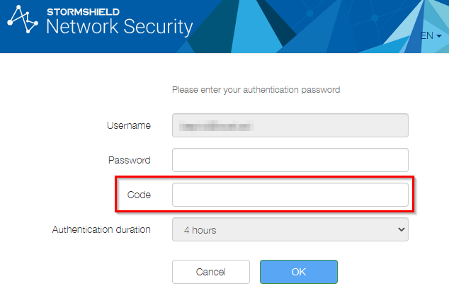 Écran de connexion du portail captif du firewall SNS où le code TOTP doit être renseigné