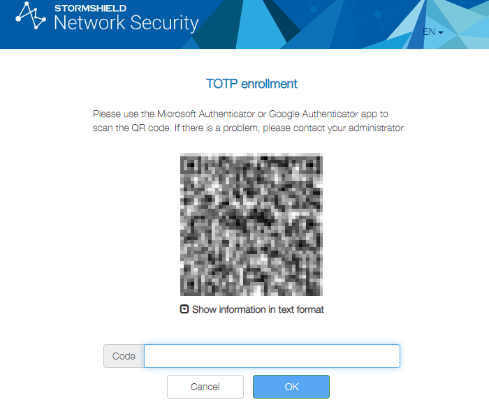 Écran d'enrôlement TOTP