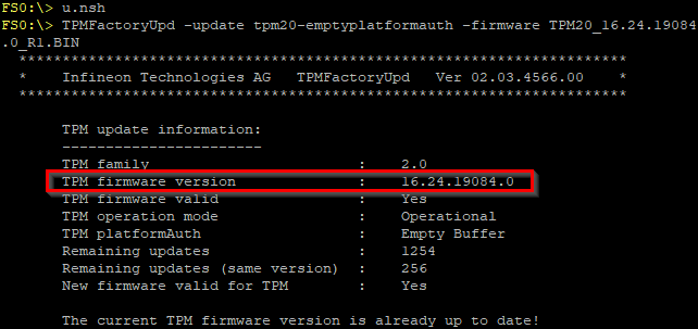Image montrant les informations du firmware du module TPM d'un firewall SNS. La version du firmware est encadrée.