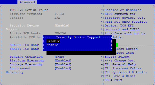 Image de la fenêtre de désactivation du paramètre Security Device Support dans le BIOS d'un firewall SNS. Ce paramètre à Disable permet de désactiver le module TPM.