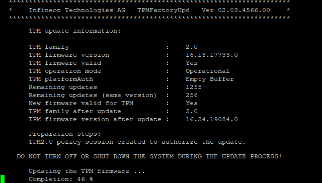 Image du processus de mise à jour du firmware du module TPM d'un firewall SNS