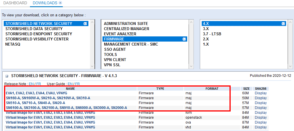 Fenêtre de téléchargement des versions SNS depuis MyStormshield