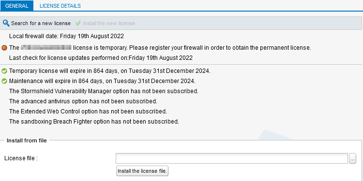 Fenêtre d'installation de licence SNS en version 3