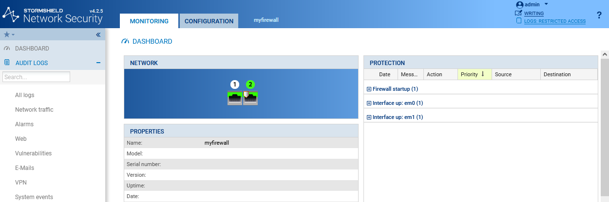 Interface d'administration d'un firewall en version 4