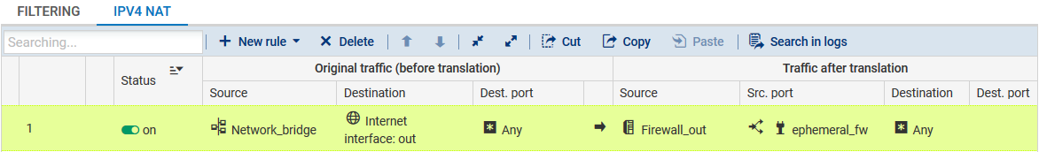 Fenêtre d'affichage des règles de NAT