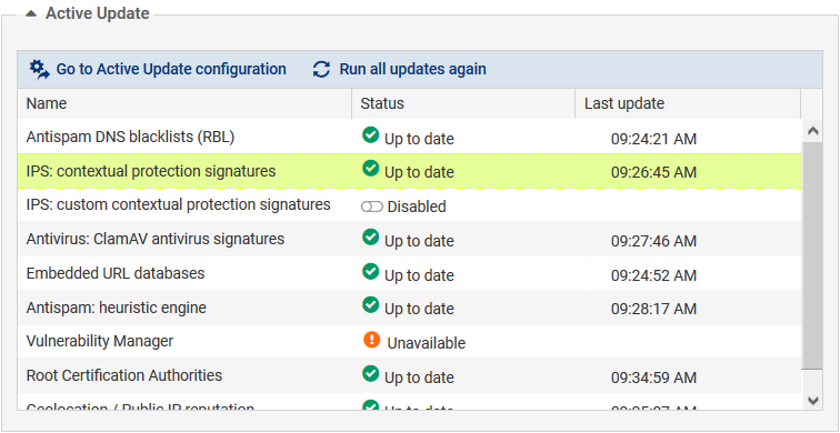 Fenêtre du composant Active Update