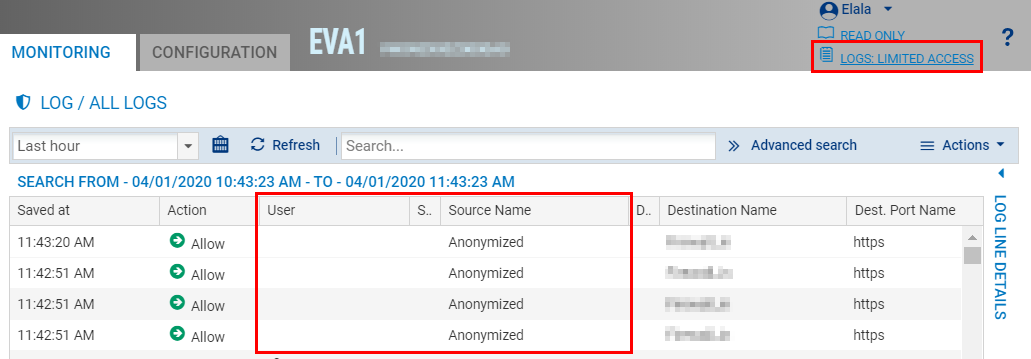 Affichage avec accès restreint aux logs