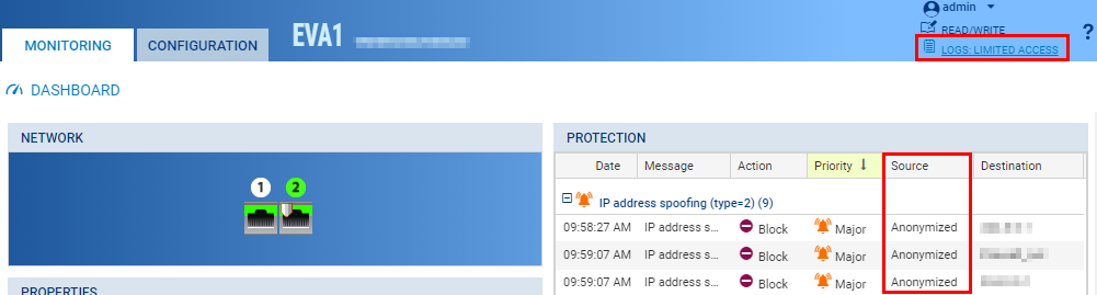 Affichage du tableau de bord avec accès aux logs restreint